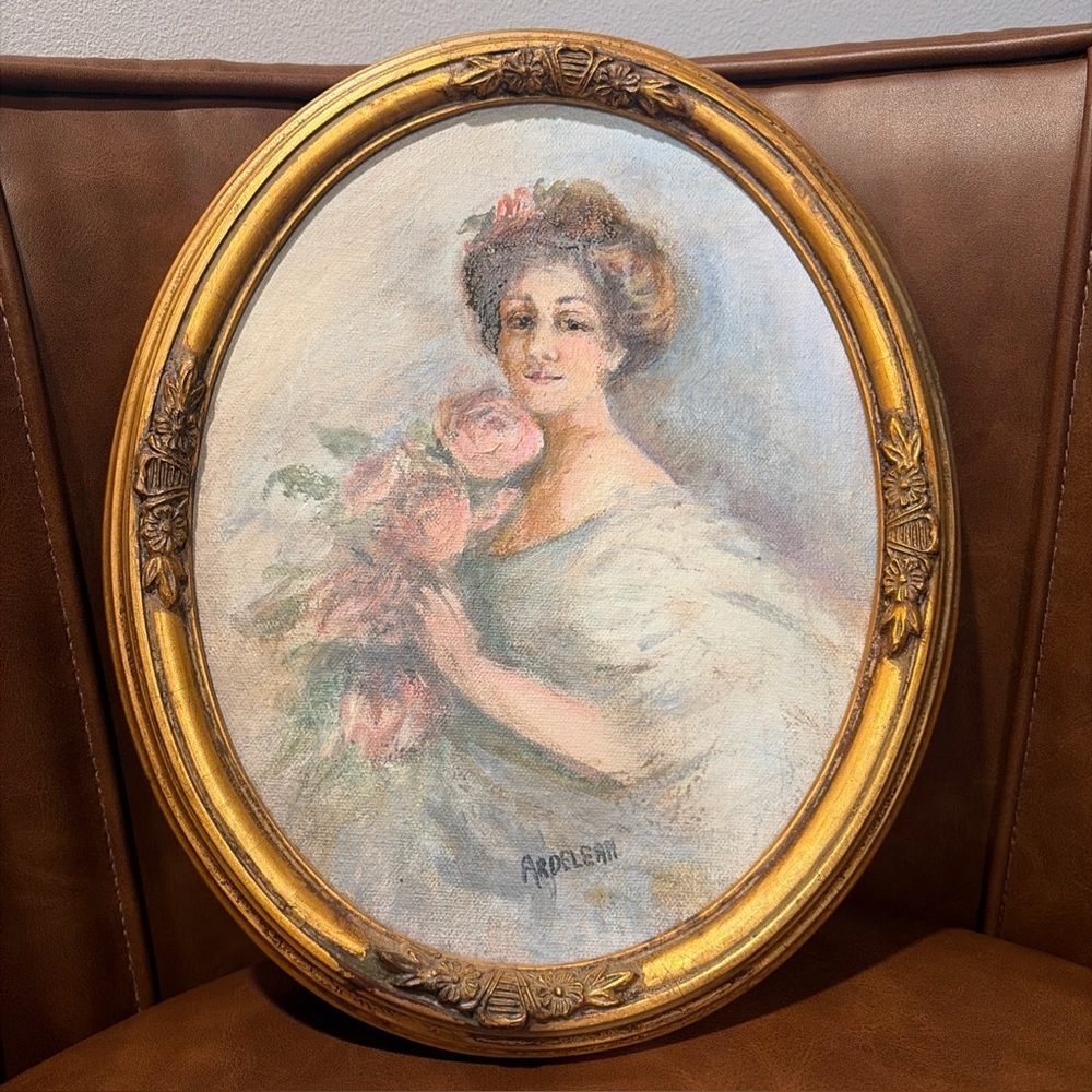 Vintage Painting Lady Ornate floral Victorian Oval Gold dark romantic signed